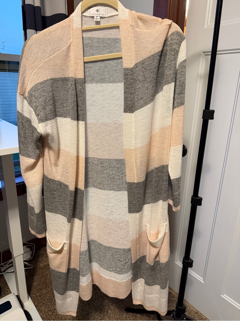Socialite Medium Long Striped Open Front Cardigan Blush Gray Cream